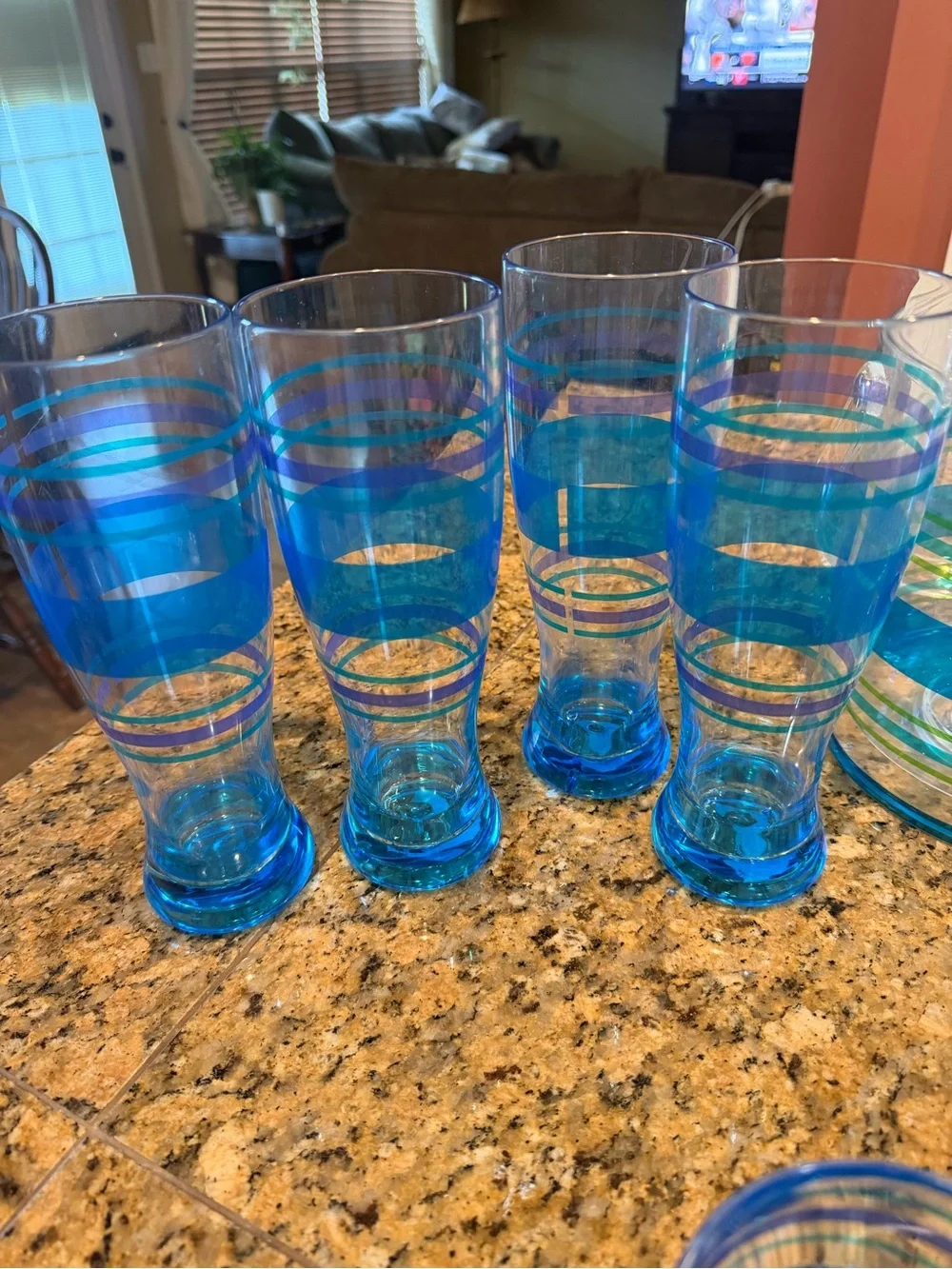 Clear Plastic Ice Bucket with Blue and Green Stripes - cups included